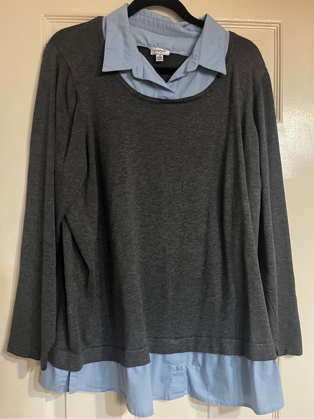 Avenue Charcoal Gray Layered Sweater with Light Blue Shirt Detail